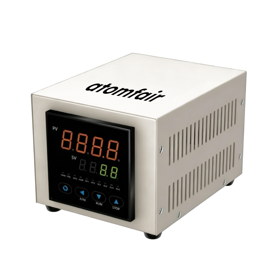 ATOMFAIR® Membrane Electrode Fuzzy PID Temperature Controller 1 ATOMFAIR® PID controller with steel housing, vented sides, and a prominent front digital display showing dual readings.