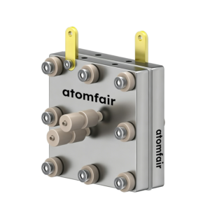 ATOMFAIR® MEA electrolysis cell with metallic bipolar plates, dual top gold tabs, and multiple front insulator ports.