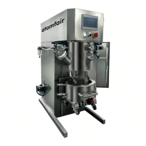 ATOMFAIR® MIX-225 5L stainless steel planetary vacuum mixer with a raised mixing head and digital touch screen on white background.