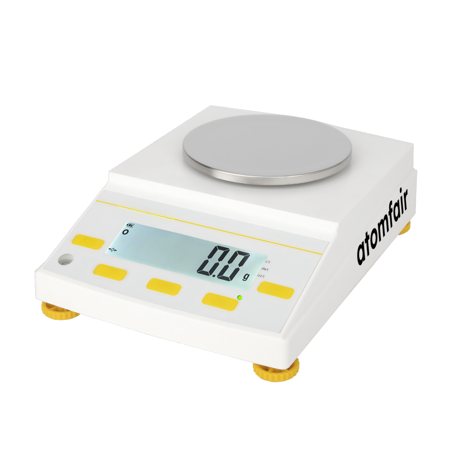 ATOMFAIR MP1002 High Precision Electronic Balance 100g Capacity 0.01g Readability Shockproof Portable Laboratory Scale with RS232 Data Interface & Dual Power Supply 1 ATOMFAIR® MP1002 white portable electronic balance with an open circular stainless steel pan and a digital LCD screen on a white background.