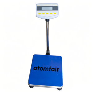 ATOMFAIR® MP300KC industrial platform scale with a large blue weighing base and a digital display indicator mounted on a stainless steel pole against a white background.