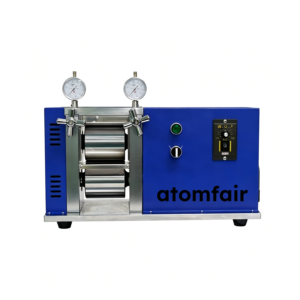 ATOMFAIR® MRM8056 blue manual rolling mill with twin dial indicators, chrome rollers, and vertical design on white background.