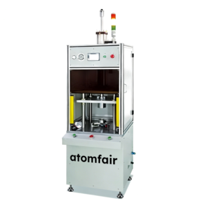 ATOMFAIR® MSM-419 industrial white precision molding sealing machine with yellow safety light curtains and top tower light on white background.