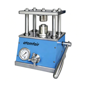 ATOMFAIR® MTP6078 manual tablet press with a blue base, integrated pressure gauge, and silver hydraulic lever on white background.