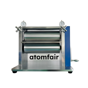 ATOMFAIR® MTR9012 manual twin roll mill with two chrome-plated steel rollers, adjustment dial indicators, and blue side panel on white background.