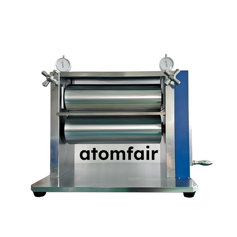 Manual Twin Roll Mill Φ96mm ≤±2μm Chrome Rolls ATOMFAIR® 1 ATOMFAIR® MTR9012 manual twin roll mill with two chrome-plated steel rollers, adjustment dial indicators, and blue side panel on white background.