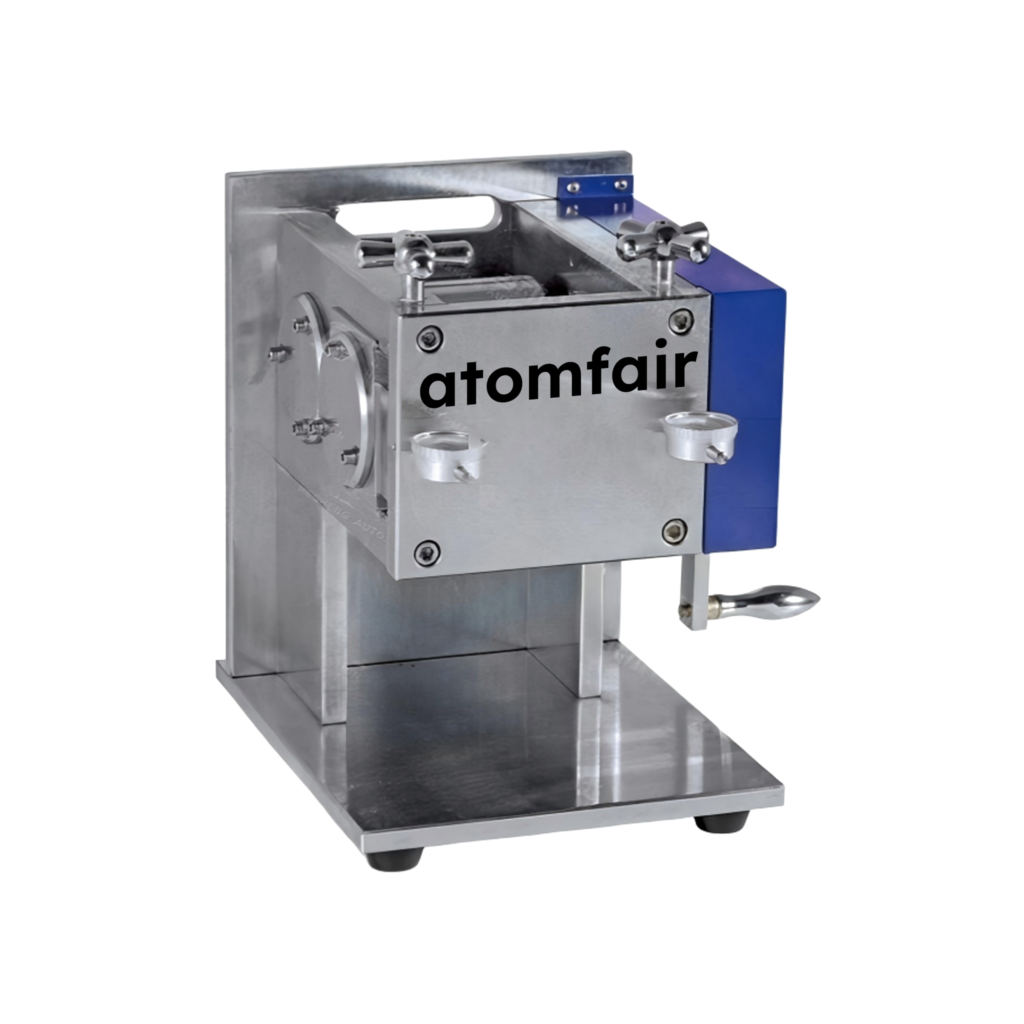 ATOMFAIR® MTR9067 manual twin roll mill with stainless steel horizontal frame, top adjustment cross knobs, and blue casing on white background.