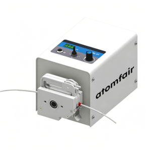 ATOMFAIR® fluidic pump workstation with white housing, top digital control panel, and front-mounted drive head.