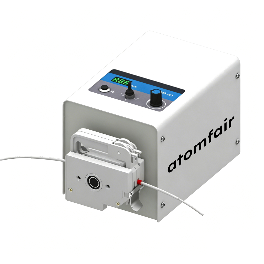 ATOMFAIR® Multi-Functional Electrochemical Test Cell 1 ATOMFAIR® fluidic pump workstation with white housing, top digital control panel, and front-mounted drive head.