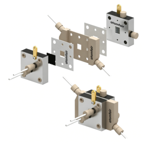 ATOMFAIR® sandwich cell 3D model displaying layered blocks, gaskets, white tubes, and a fully assembled unit.