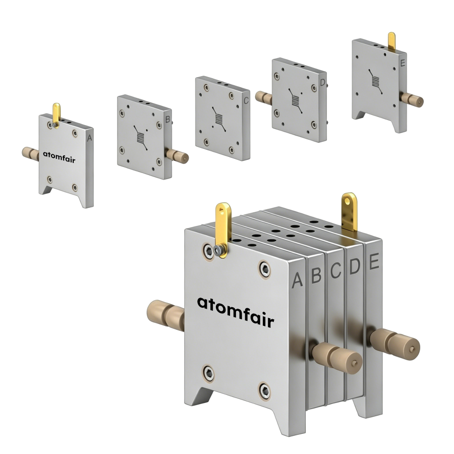 ATOMFAIR® Multi-Stack Membrane Electrode Assembly Cell 1 ATOMFAIR® multi-stack MEA cell with lettered units A through E showing individual and stacked modular cell plates.