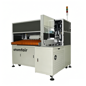 ATOMFAIR® OCV-736 automatic battery OCV tester machine featuring a safety enclosure and top signal tower light.
