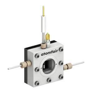 ATOMFAIR® photoelectrochemical cell with white housing, central circular quartz window, and top gold electrode.