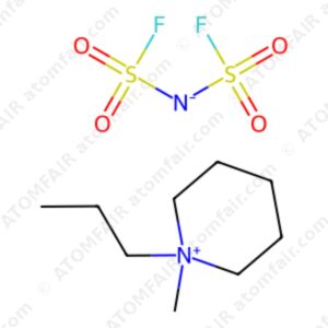 Chemical structure diagram of PI13-FSI ionic liquid electrolyte with atomfair watermarks on a white background.