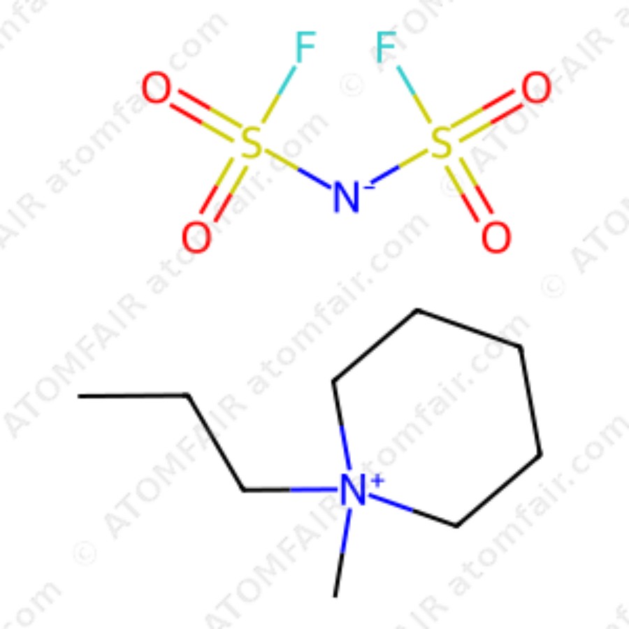 PI13-FSI Ionic Liquid 99.9% Battery Grade ATOMFAIR® 1 Chemical structure diagram of PI13-FSI ionic liquid electrolyte with atomfair watermarks on a white background.