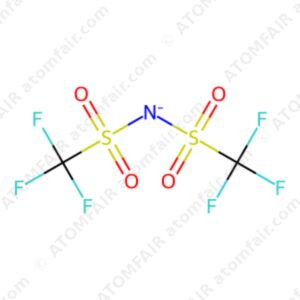 Chemical structure diagram of PI13-TFSI ionic liquid salt with atomfair watermarks on a white background.