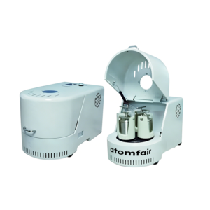 ATOMFAIR® planetary ball mill machines with one closed unit and one open unit revealing grinding jars inside on a white background.