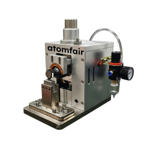 ATOMFAIR® PM-25080 ultrasonic foil welder for pouch cells featuring a specialized welding horn and digital control interface, displayed on a clean white background.