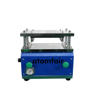 ATOMFAIR® pneumatic button cell crimping machine featuring a blue control base with two green buttons and a pressure gauge.