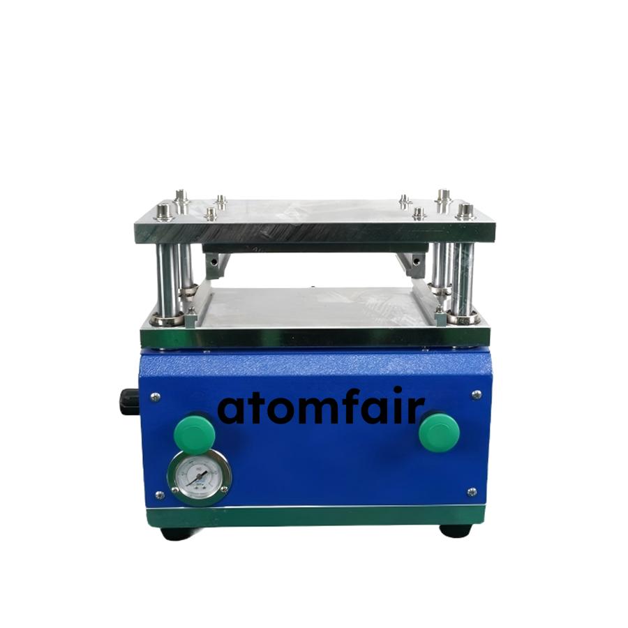 Pneumatic Button Cell Crimper 1MPa CR20 Lab ATOMFAIR® 1 ATOMFAIR® pneumatic button cell crimping machine featuring a blue control base with two green buttons and a pressure gauge.