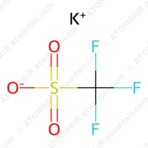 Chemical structure diagram of KCF3SO3 potassium salt with a K plus ion and atomfair watermarks on a white background.