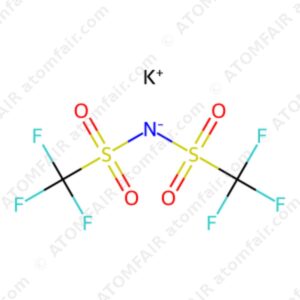 Chemical structure diagram of KTFSI potassium salt electrolyte with K plus ion and atomfair watermarks on white background.