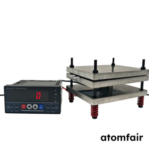 ATOMFAIR® three-layer metal pouch cell test fixture with red bottom springs connected to a digital weighing controller on a white background.