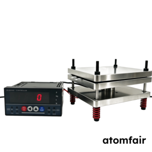 ATOMFAIR® three-layer stainless steel pouch cell test fixture with red bottom springs on a white background.