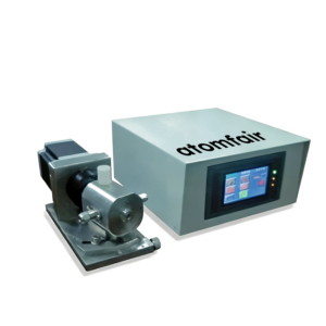 ATOMFAIR® high precision ceramic plunger pump with a gray control terminal box, featuring a touchscreen panel next to the metal pump drive unit.