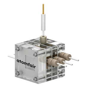 ATOMFAIR® primary flow cell with clear acrylic block body, three side fluid ports, and an extended top gold probe.