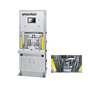 ATOMFAIR® PRM-847 precision tab riveting machine showing a front view and a close-up inset of the mold structure.