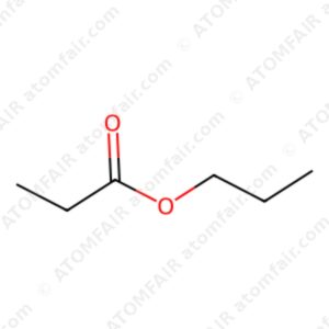 Chemical structure diagram of propyl propionate PP ester solvent with atomfair watermarks on a white background.