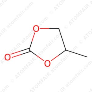 Chemical structure diagram of propylene carbonate PC cyclic ester solvent with atomfair watermarks on a white background.