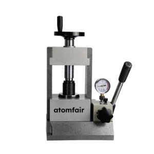 ATOMFAIR® gray PTP-837 powder tablet press with side wall design manual lever handle and pressure gauge on white background.