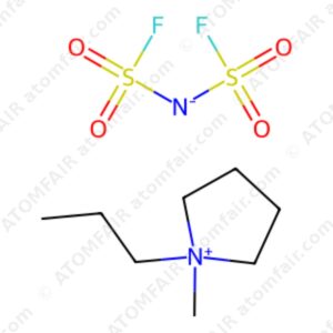 Chemical structure diagram of PY13-FSI ionic liquid electrolyte with atomfair watermarks on a white background.