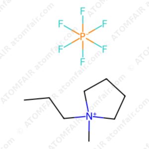 Chemical structure diagram of PY13-PF6 ionic liquid electrolyte with atomfair watermarks on a white background.