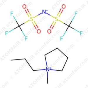 Chemical structure diagram of PY13-TFSI ionic liquid salt with atomfair watermarks on a white background.