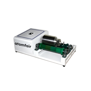 ATOMFAIR® RBM-927 roller ball mill machine with green rollers holding a metallic grinding jar.
