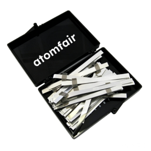 ATOMFAIR® research grade aluminum battery cathode tabs piled inside an open black plastic storage case on a white background.
