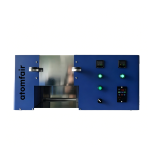 ATOMFAIR® RM-7259 blue high precision heated rolling mill machine showing a front control panel with digital temperature displays.