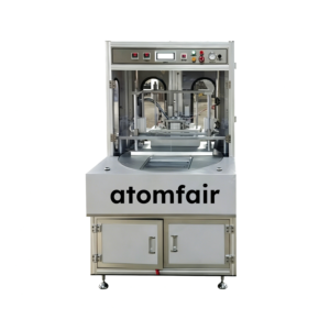 ATOMFAIR® rotary secondary sealing machine featuring a white steel body, transparent window doors, and a top dial display panel.