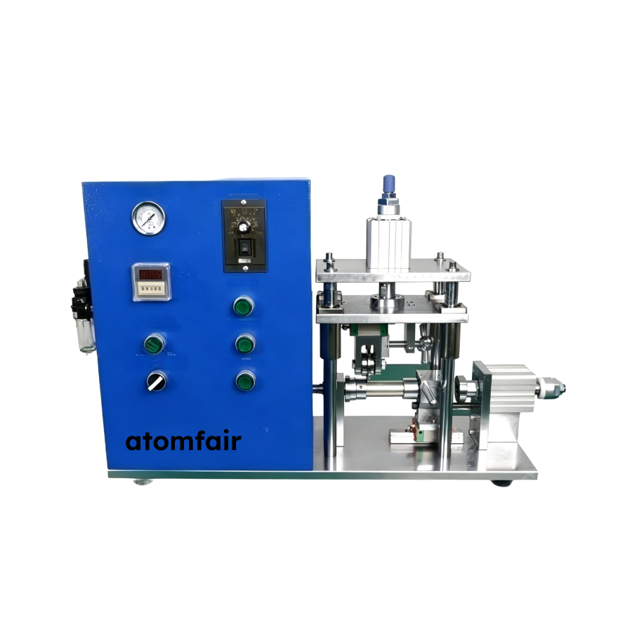 Cylindrical Battery Grooving Machine 18650 SCG357 ATOMFAIR® 1 ATOMFAIR® SCG357 semi-automatic battery grooving machine featuring a blue control console panel next to a mechanical pressing rig.