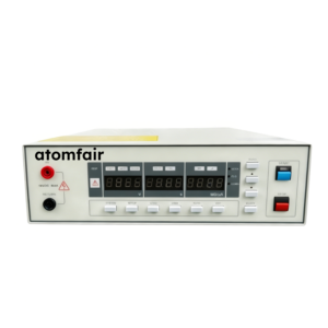 ATOMFAIR® SCT-706 battery short-circuit tester machine benchtop display with digital panels and start stop buttons.