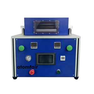 ATOMFAIR® secondary vacuum sealing machine featuring a blue control panel with a central screen and an upper observation window.
