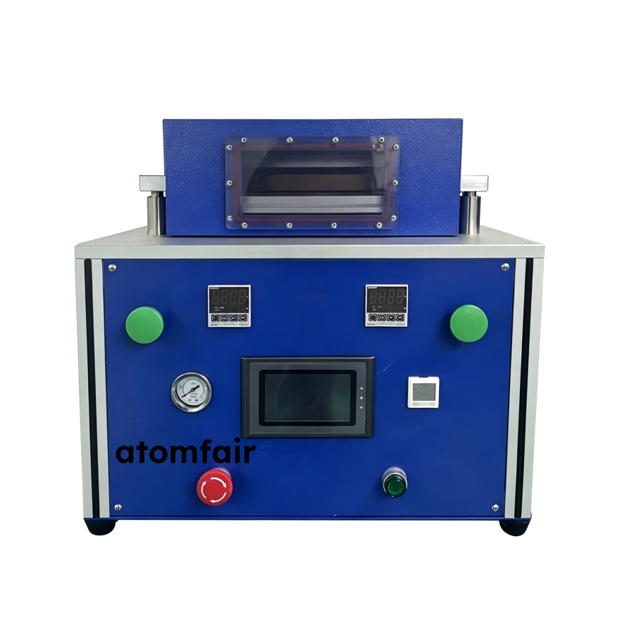 Secondary Vacuum Sealer 300mm with Auto Puncture ATOMFAIR® 1 ATOMFAIR® secondary vacuum sealing machine featuring a blue control panel with a central screen and an upper observation window.