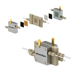 ATOMFAIR® solid electrolyte cell 3D model displaying serpentine channel plate, gaskets, and assembled blocks.