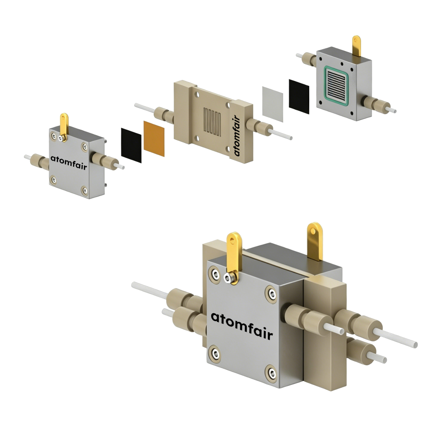 ATOMFAIR® Serpentine Channel Solid Electrolyte Cell 1 ATOMFAIR® solid electrolyte cell 3D model displaying serpentine channel plate, gaskets, and assembled blocks.