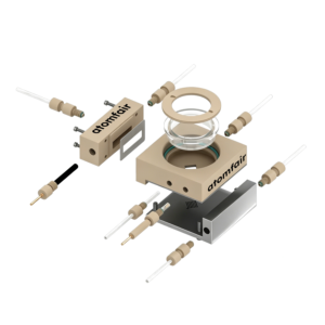 ATOMFAIR® serpentine flow cell exploded 3D rendering with multi-chamber parts, o-rings, and connector pins.