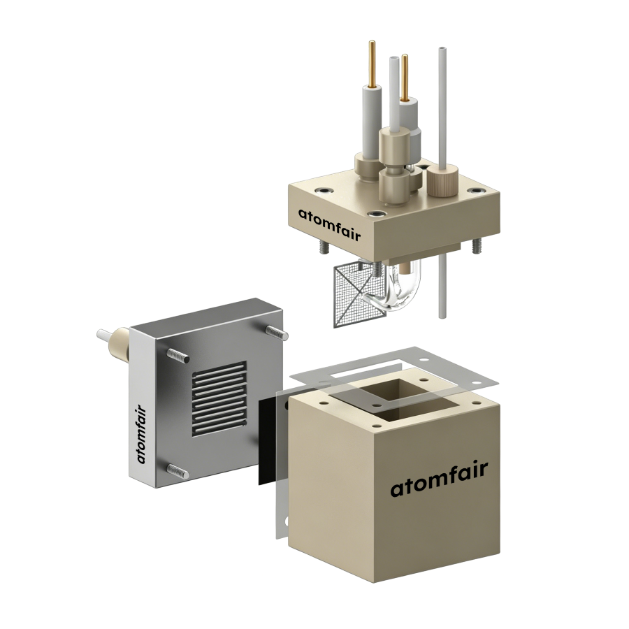 ATOMFAIR® Single Liquid Chamber Gas Diffusion Flow Cell 1 ATOMFAIR® flow cell exploded 3D view with beige main body, metal serpentine plate, and top cover with electrodes.