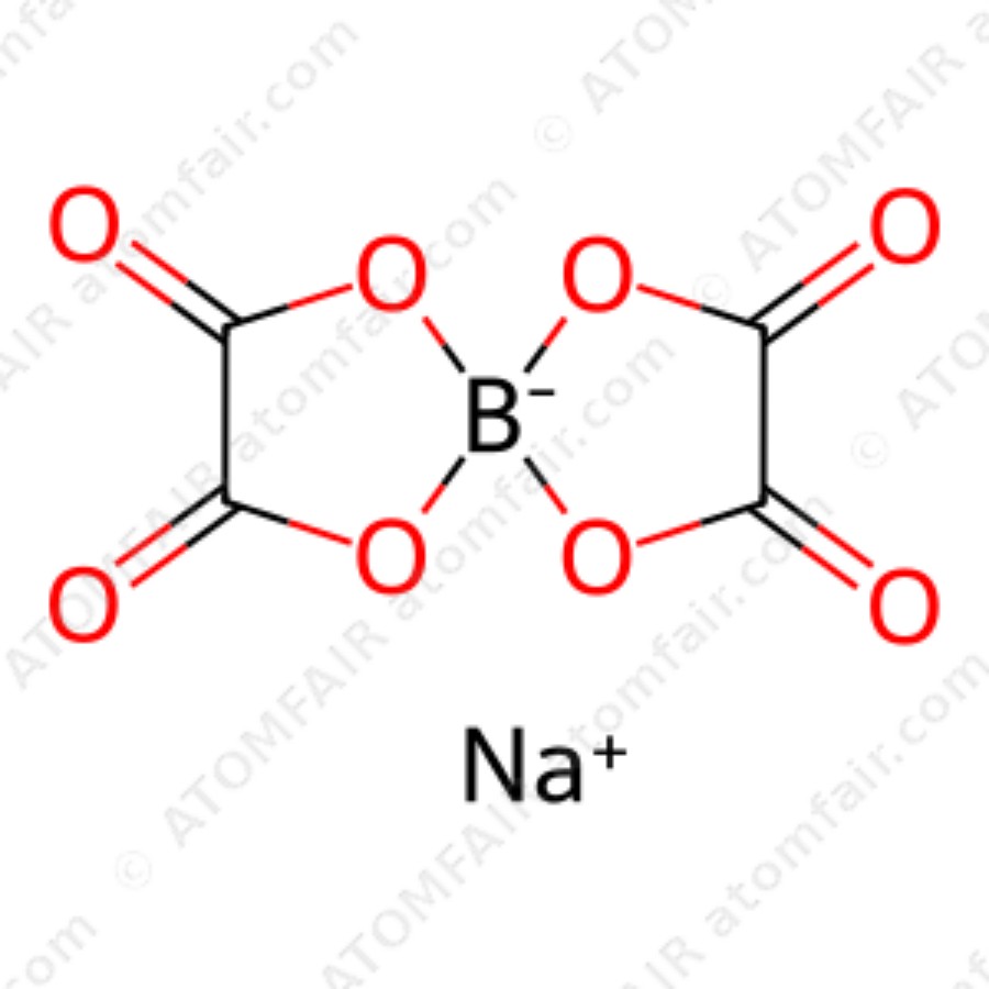 Sodium Bis(oxalato)borate 99.9% Battery Grade ATOMFAIR® 1 diagram showing the 2D chemical ionic structure of ATOMFAIR® Sodium bis(oxalato)borate NaBOB molecule.